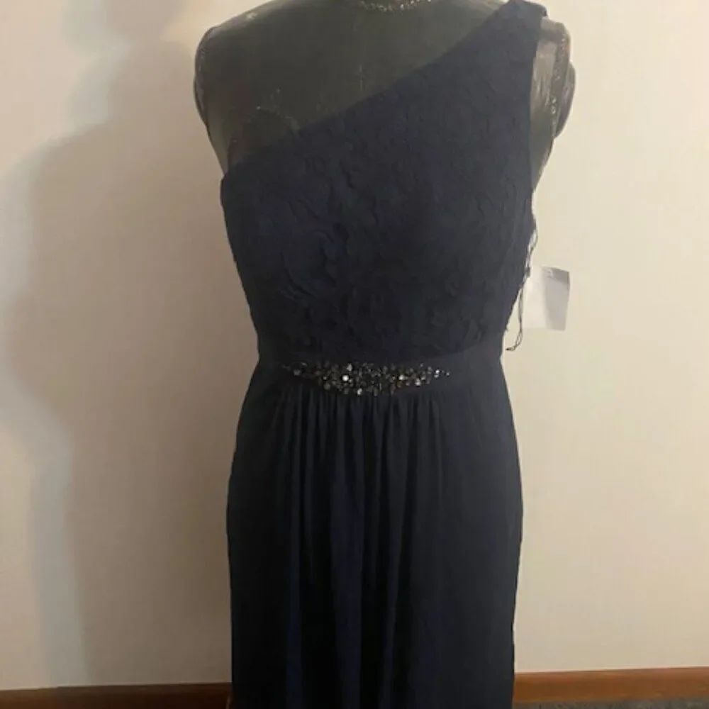Adrianna Papell Navy 1 Shoulder Lace bodice embellished waist dress, size 12